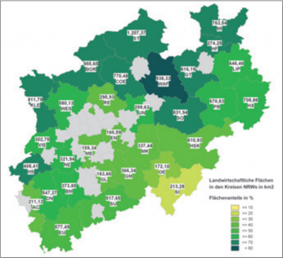 Abb. 2: Erfasste Jahresmengen an Bioabfall und Grünabfall in den Kreisen NRWs (Quelle: MUNLV, Landesabfallstatistik NRW 2007)